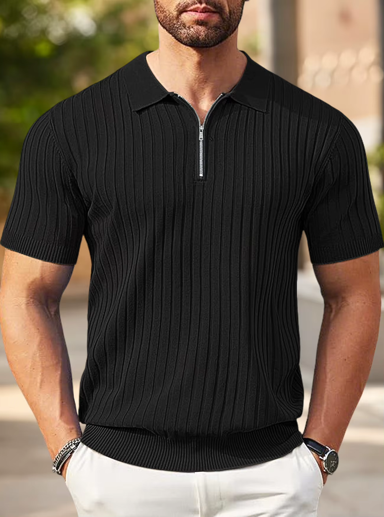 Polo en tricot côtelé pour homme, col demi-zip, manches courtes, haut décontracté d'été