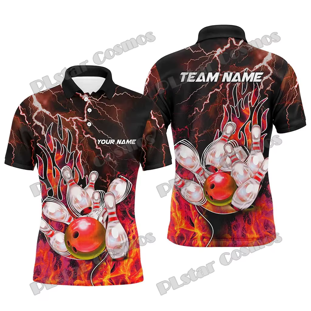 Camo Bowling Ball And Pins Option multicolore Nom personnalisé 3D Imprimé Polo pour hommes Été Unise