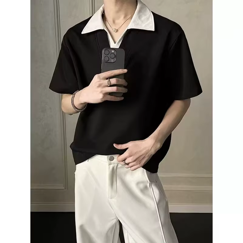 Polo ample col en V style américain pour homme – T-shirt décontracté d'été à manches courtes en poly