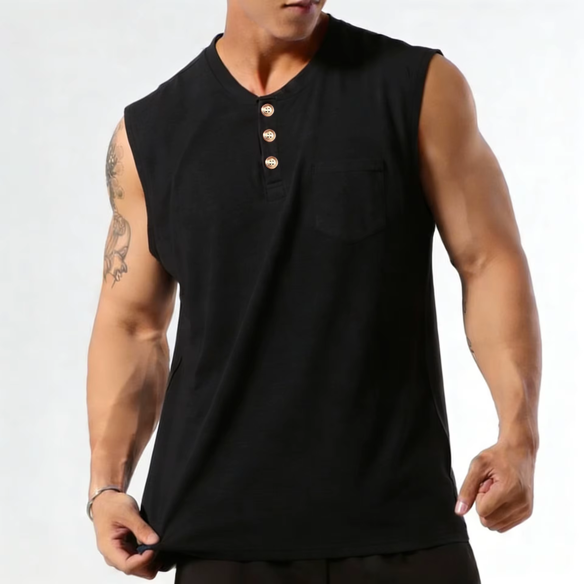 Débardeur Homme Sans Manches à Épaules Larges, Col Henry Boutonné, Haut de Sport et Fitness, T-shirt