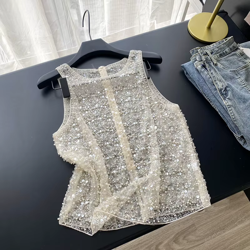 Débardeur de luxe pour femme avec sequins et perles, haut sans manches transparent pour l'été
