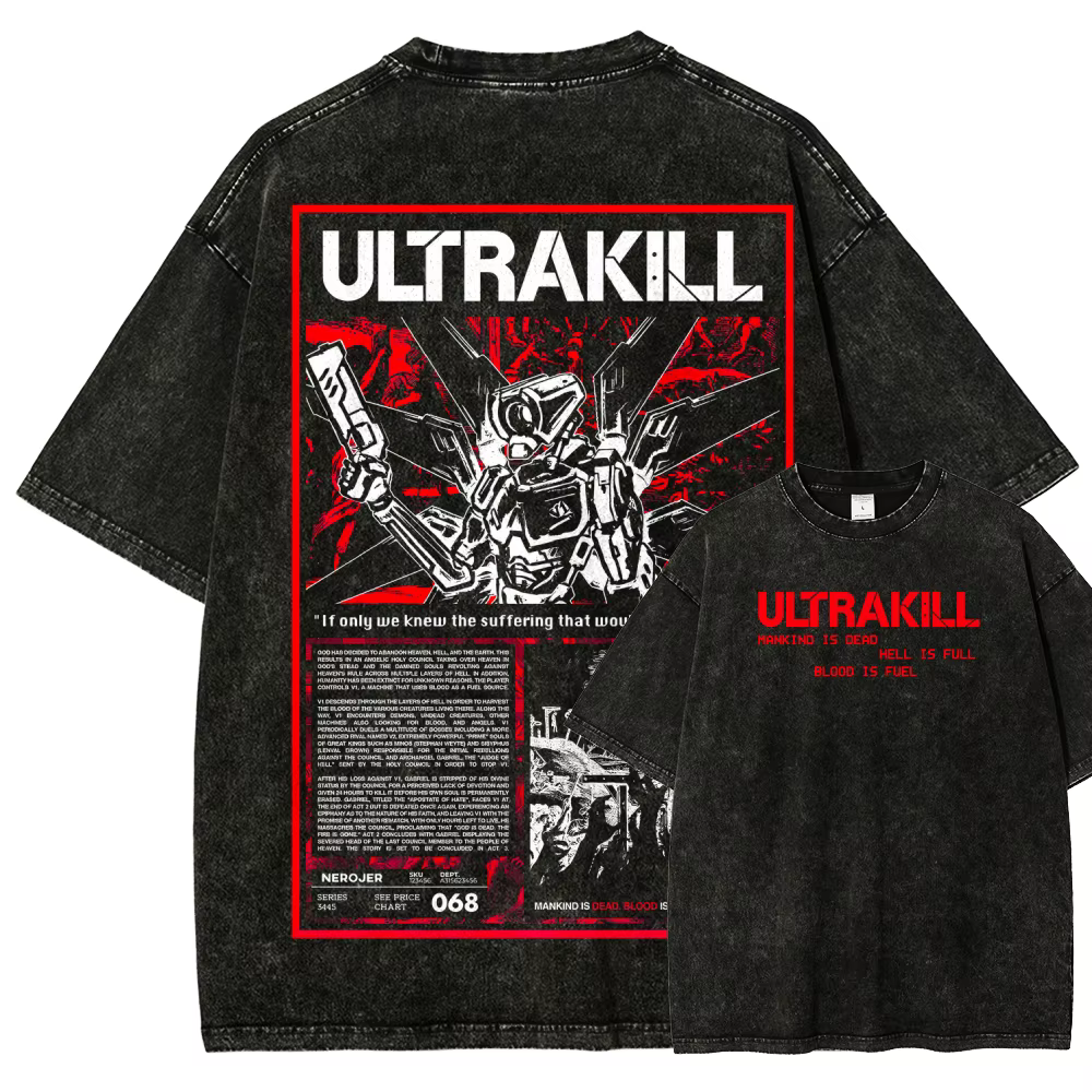 T-shirt délavé modèle Ultrakill, vêtement de personnalité pour les fans d'anime, coupe oversize, uni