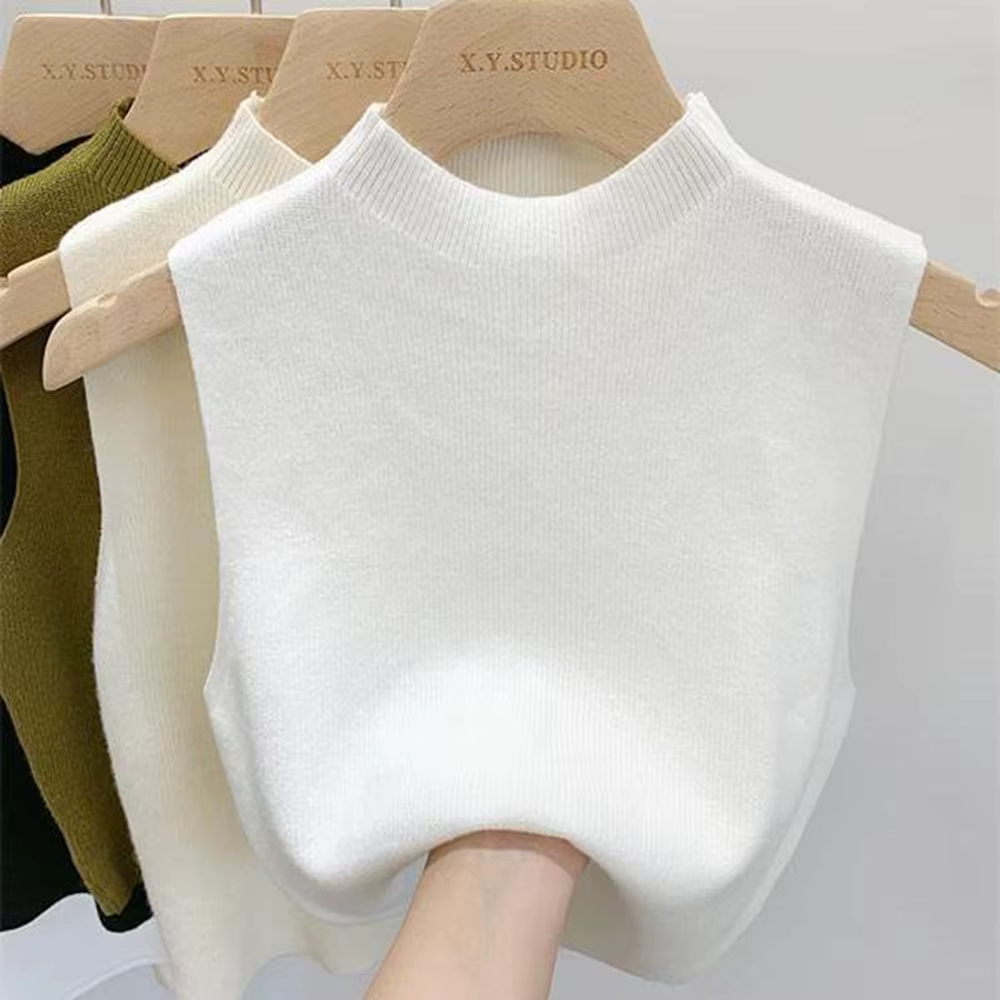 Débardeur femme couleur unie t-shirts tricotés recadrée Camisole pull demi-col roulé printemps autom