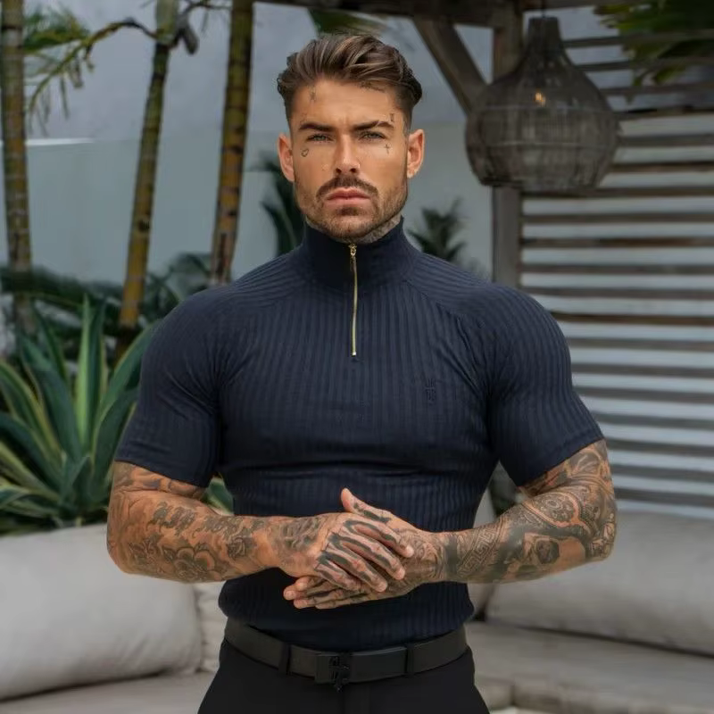 Polo élastique ajusté pour homme – T-shirt d'été tendance à col montant zippé, manches courtes, pour