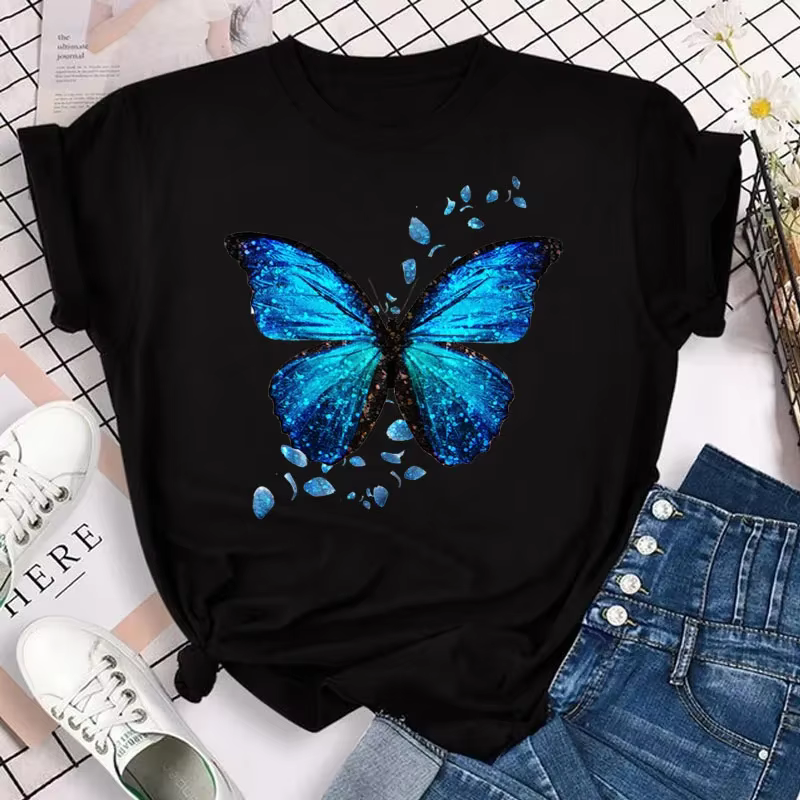 Nouvelle mode femmes T-shirt coloré papillon pétale imprimé à manches courtes et col rond mignon gra