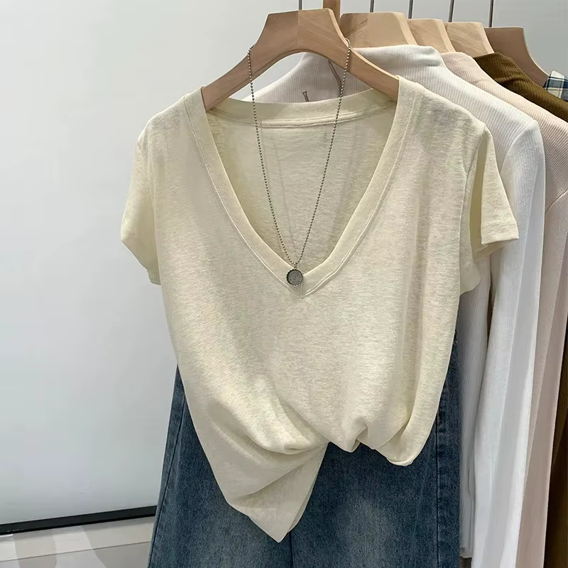 T-shirt manches courtes femme, ample, Style renversé, beau, col en v, décontracté, confortable, resp