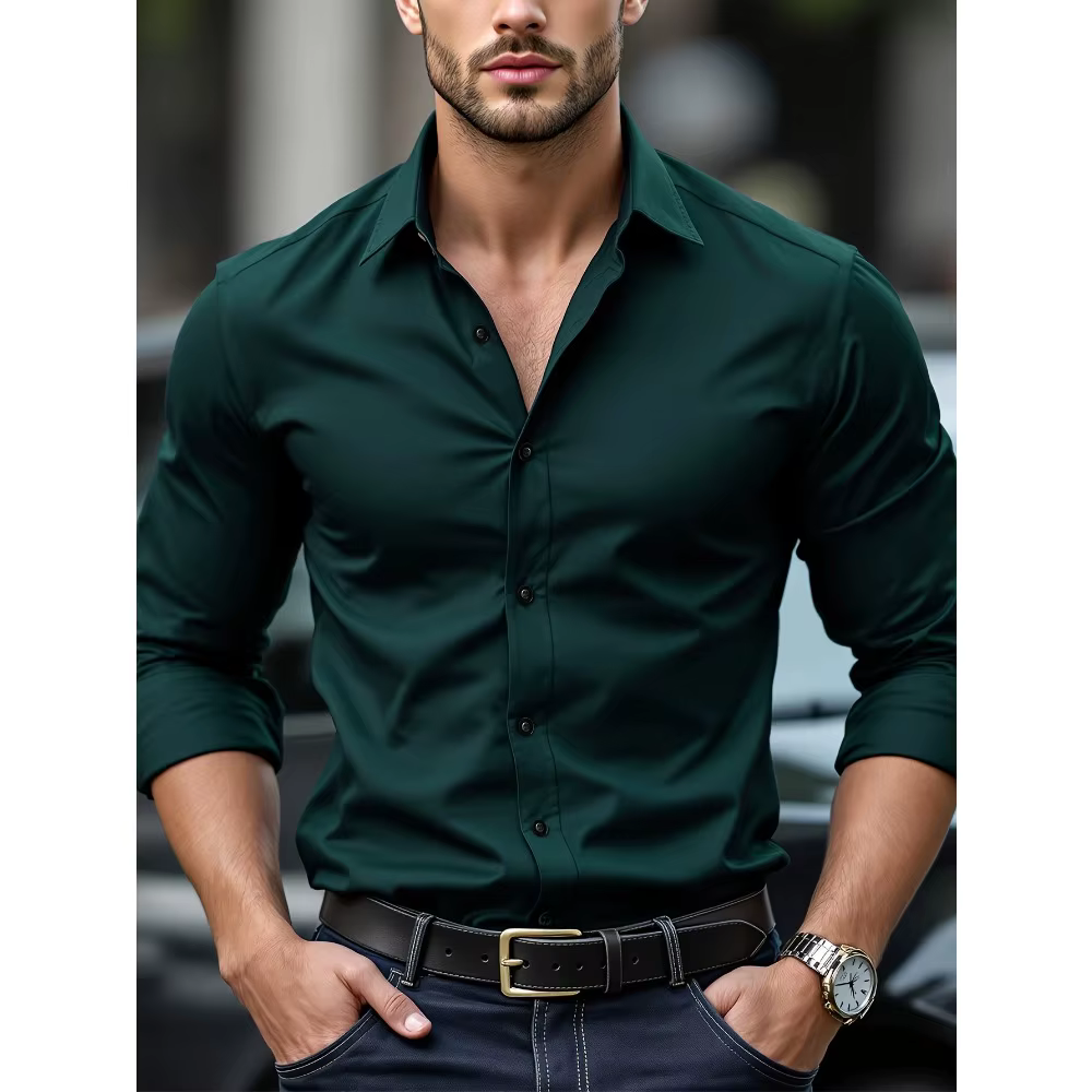 FGKKS nouveaux hommes chemise flambant neuf couleur unie à manches longues tissu élastique hommes pl