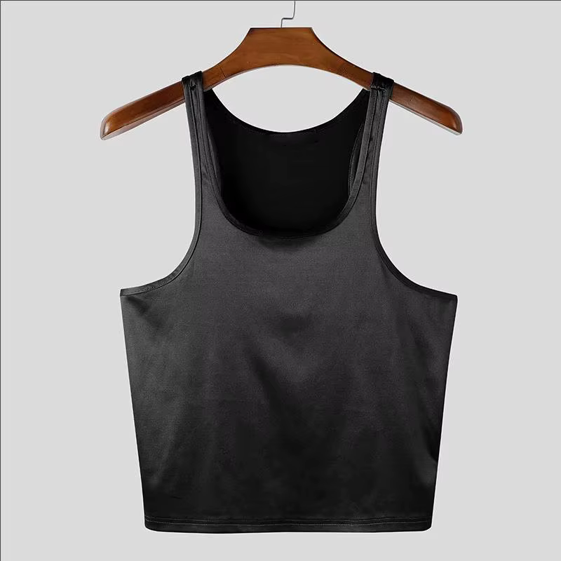 Débardeur court pour homme, argenté métallisé brillant, coupe ajustée, sans manches, col carré, styl