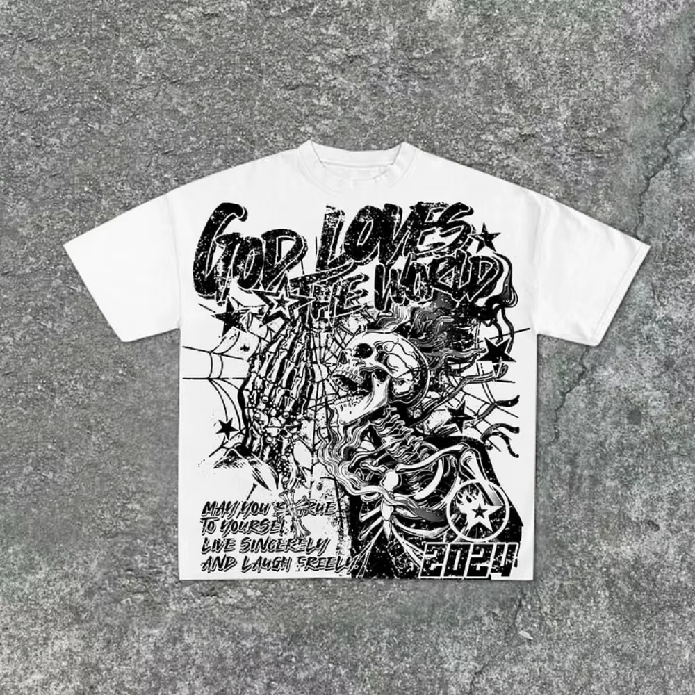 T-shirt col rond pour hommes, style à la mode, imprimé tête de mort, confortable et respirant, haut