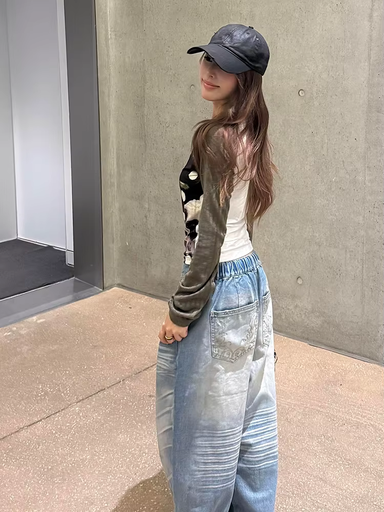 Tonngirls Harajuku imprimé chien graphique hauts à manches longues Patchwork femmes T-shirt Y2k Vint