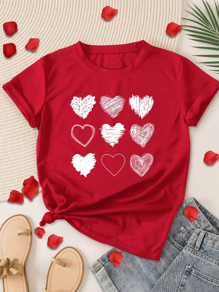 T-shirt manches courtes femme, streetwear, décontracté et doux, avec cœur rouge imprimé, à la mode