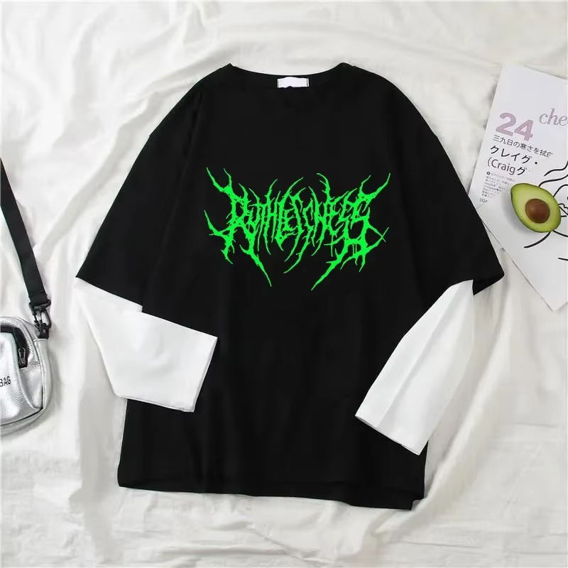 Mode Punk Style foncé imprimé col rond T-shirt Y2K Sport Harajuku mince femmes haut manches longues