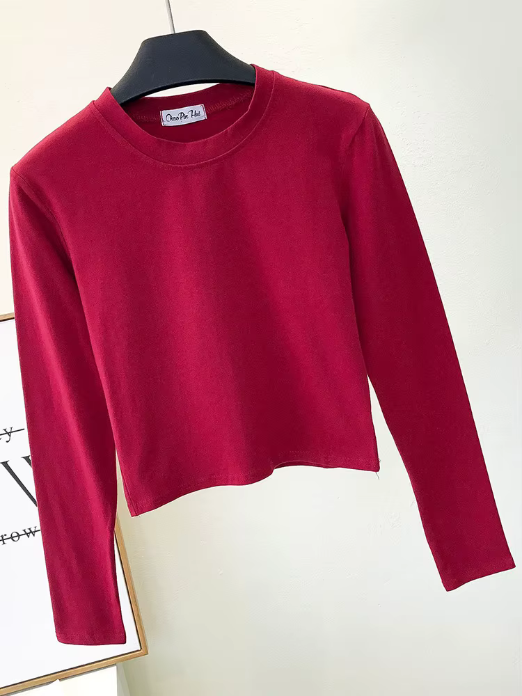 Vêtements en coton noir sexy pour femmes, col rond, manches longues, nombril, base d'automne, mode d