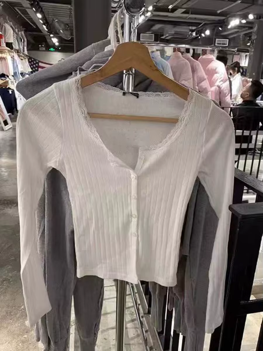 T-shirt à manches longues et col rond en dentelle pour femme, haut court et Chic, motif Floral, ajou