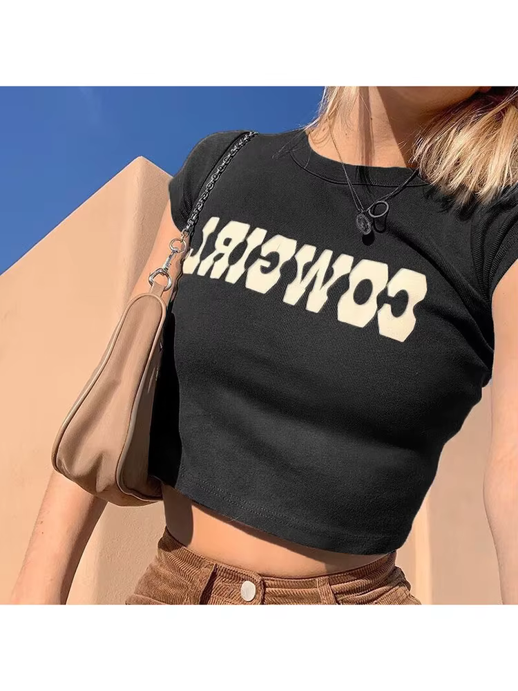 Haut court à col rond pour femmes, mode d'été, imprimé vache, t-shirt décontracté, basique, Sexy, St
