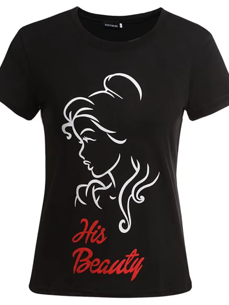 Sa beauté sa bête imprimer Couple t-shirt à manches courtes col rond ample roi reine t-shirt amoureu