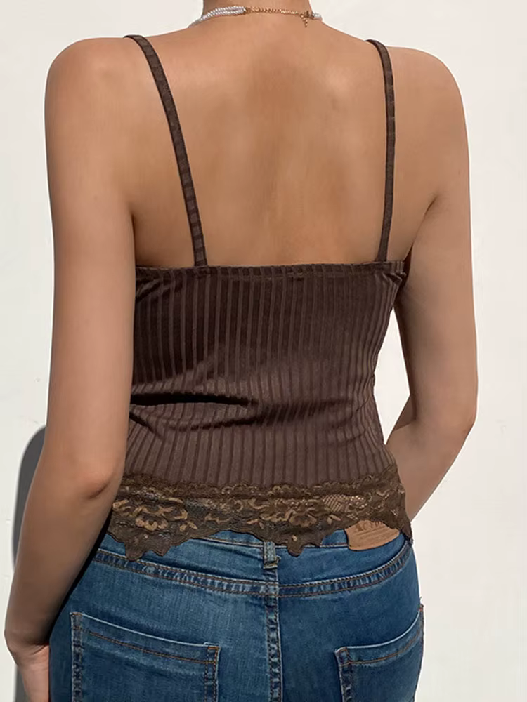 Goth – débardeur en dentelle pour femmes, esthétique, Patchwork, Sexy, col en v, marron, rétro, haut