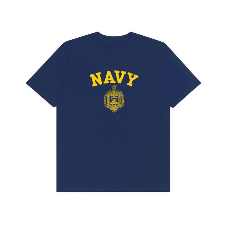 T-shirt graphique avec emblème de l'Académie navale américaine, en coton bleu marine, à manches cour