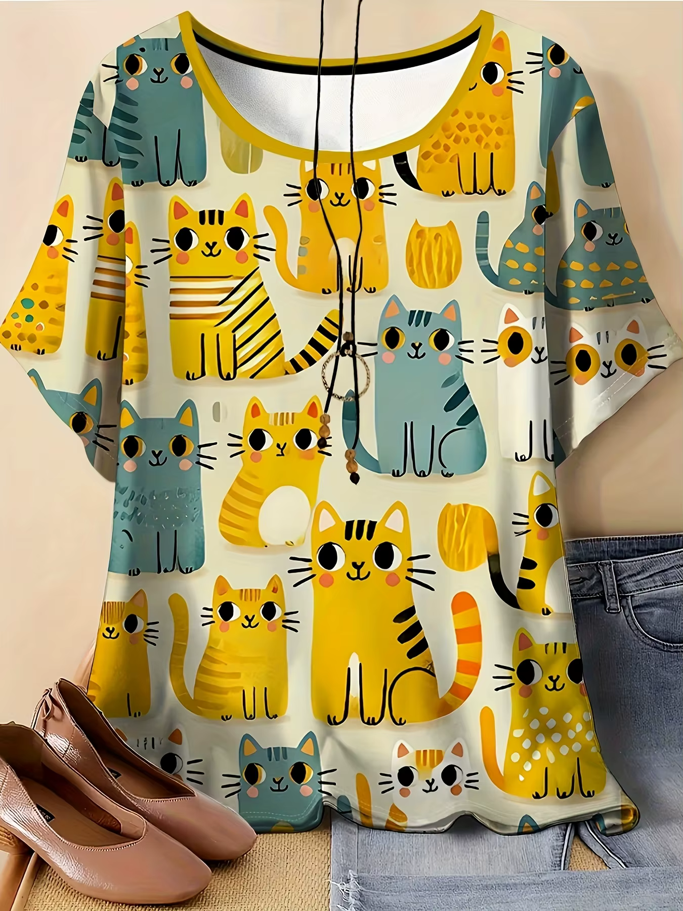 T-shirt pour femmes, imprimé chat 3D, vêtements d'été, col rond, manches courtes, haut décontracté é