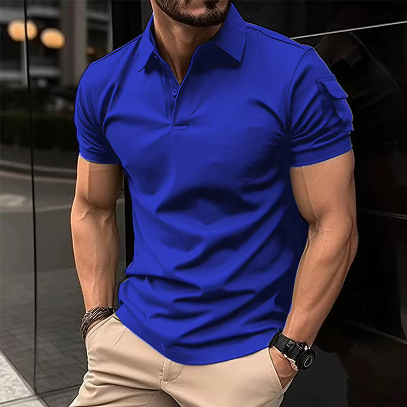 Polo à manches courtes pour homme avec poches sur les bras, coupe ajustée, couleur unie, boutonné, h