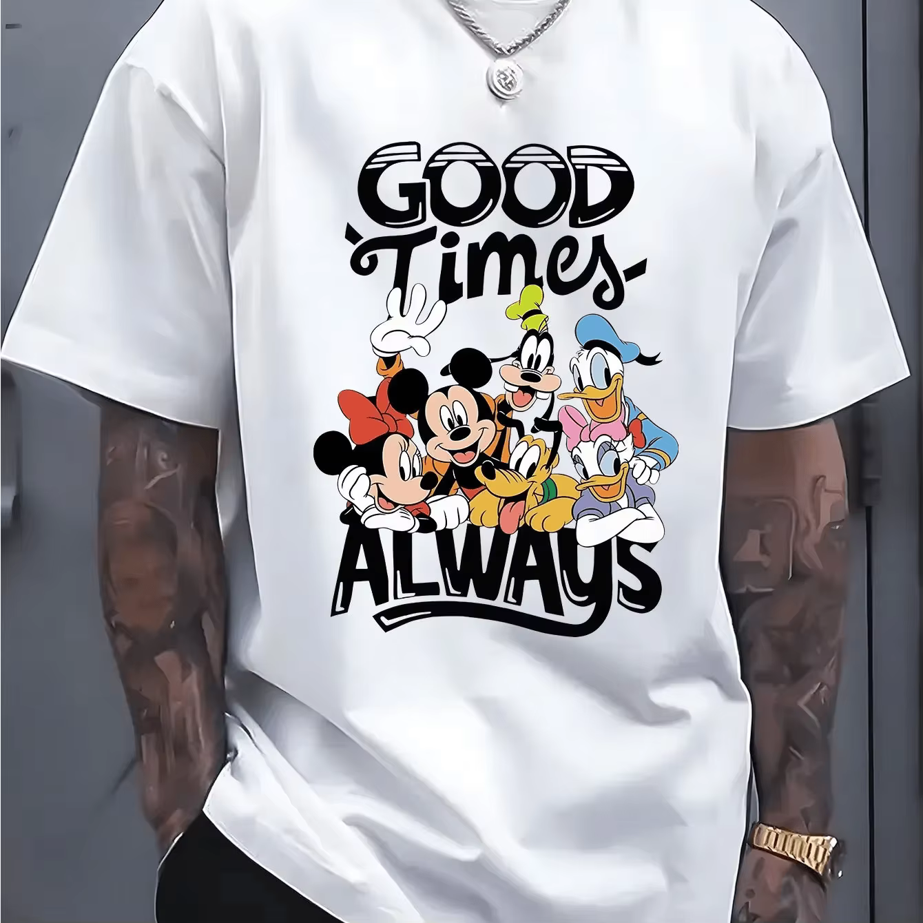 T-shirt imprimé Disney Mickey et ses amis Good Time Always, T-shirt décontracté à manches courtes en