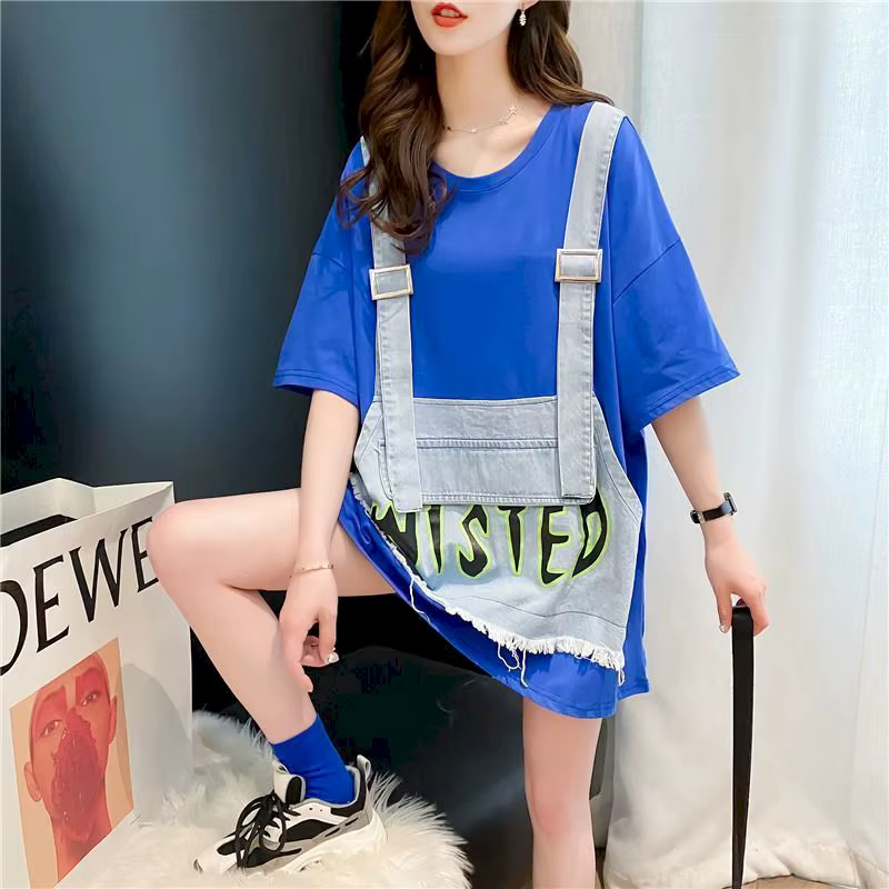 T-shirt en denim à manches courtes pour femmes, faux deux pièces, mode, vêtements coréens, été, chim
