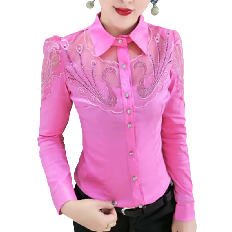 Automne nouveau à manches longues bureau dame hauts Patchwork femmes vêtements mode diamant dentelle