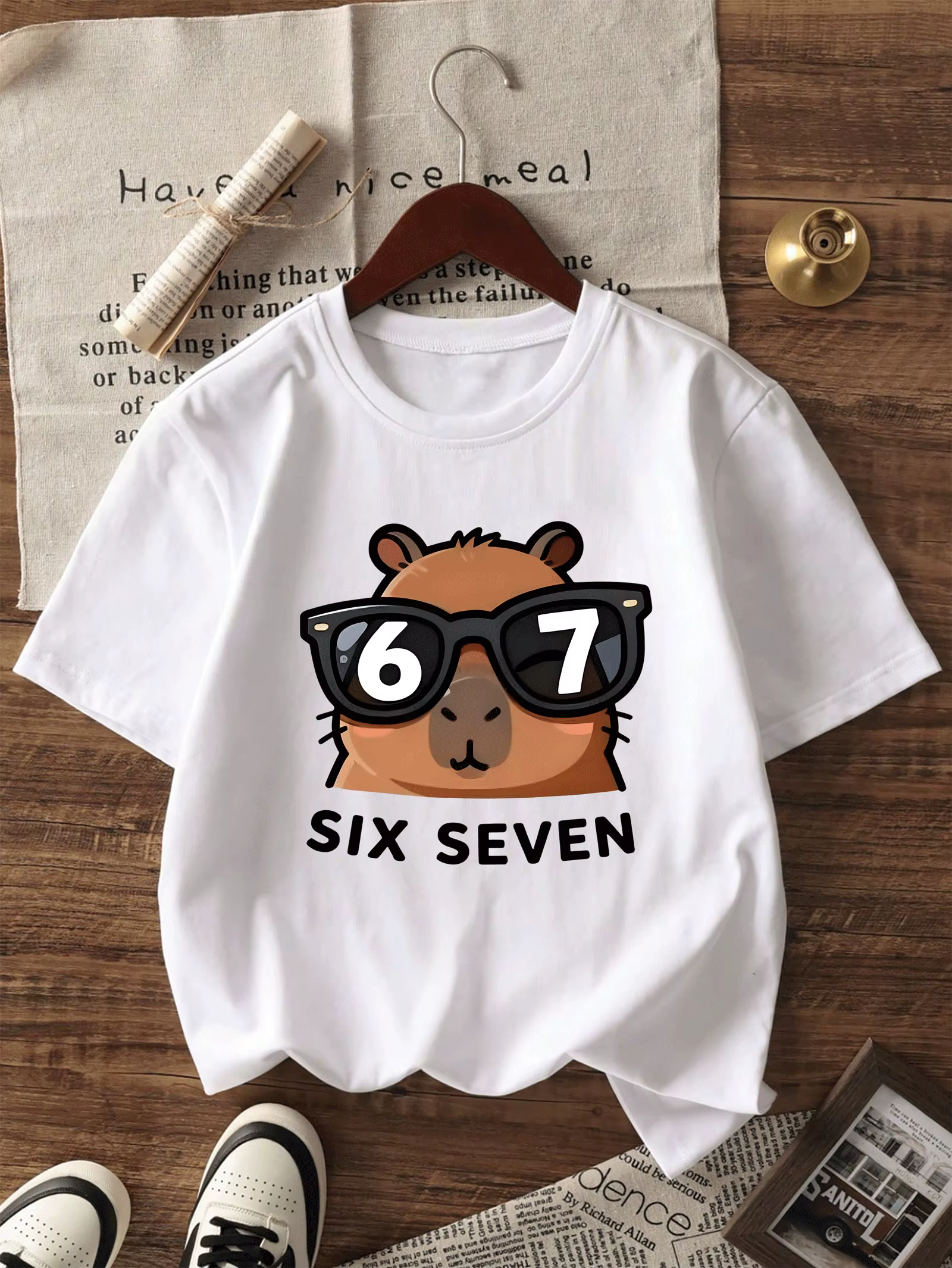 T-shirt graphique Capybara Fun SIX SEVEN pour enfants, motif dessin animé avec numéros 6 et 7, style