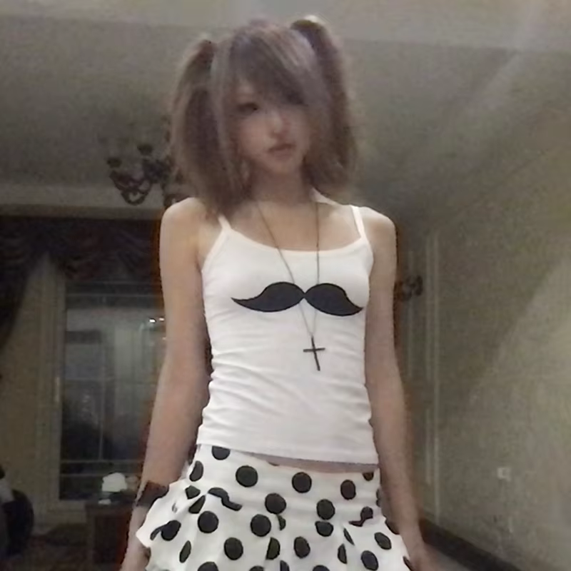 Karrram japonais Y2k barbe imprimé débardeur Trashy années 2000 Style blanc Camisole Vintage Harajuk