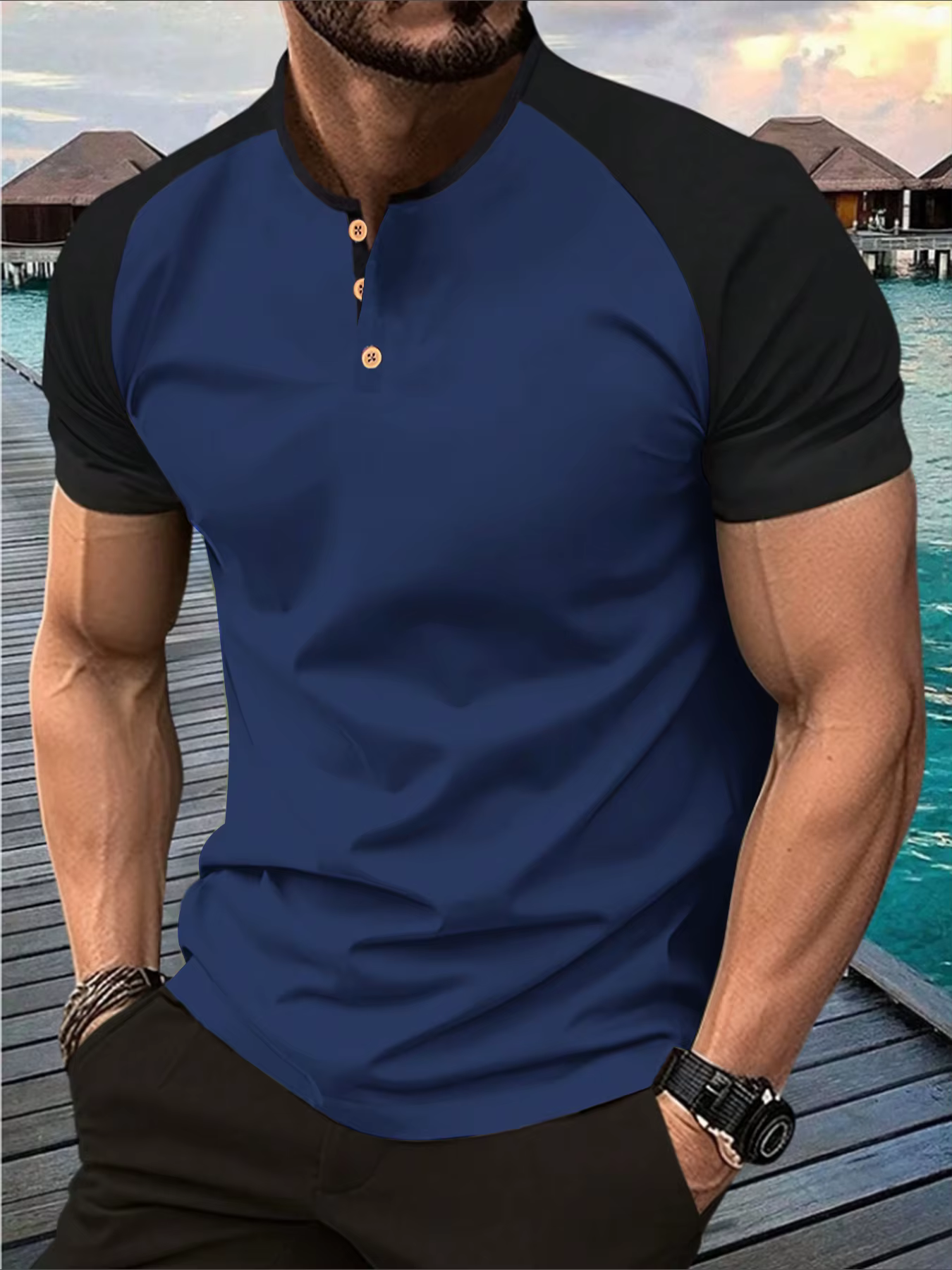 T-shirt Henry pour hommes, couleur contrastée, manches Raglan décontractées, boutons marron, Design 