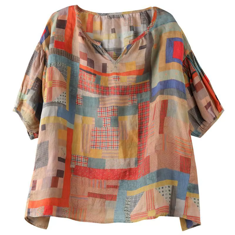 T-shirt manches courtes col en V femme, estival et décontracté, à la mode, irrégulier, artistique, b
