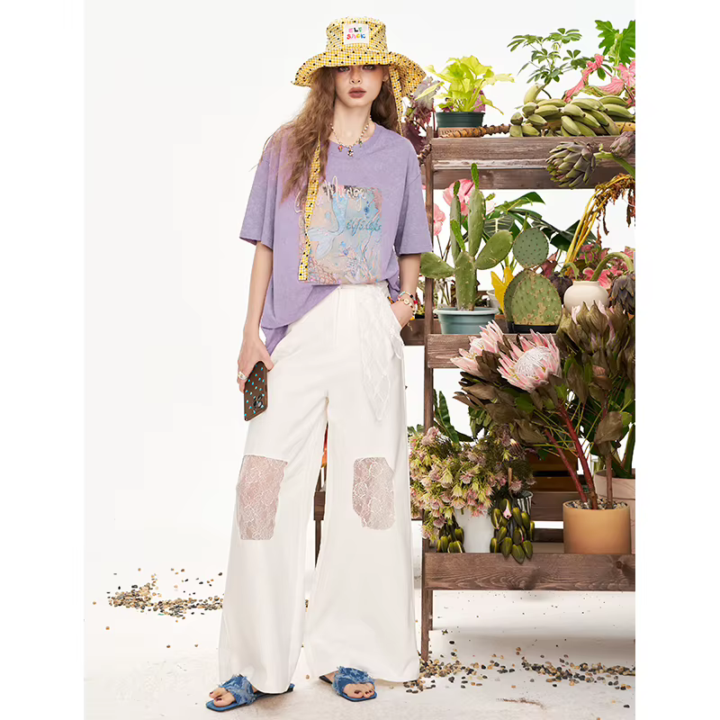 ELFSACK T-shirt surdimensionné à imprimé sirène pour femme, tee-shirt violet délavé vintage avec mot