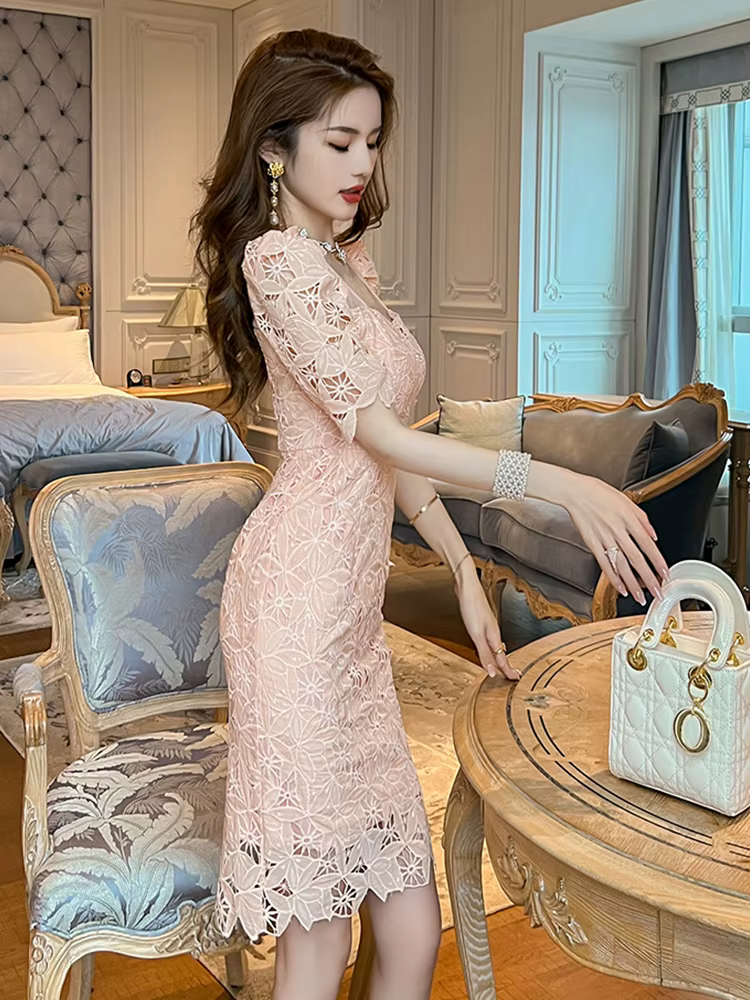 Fashion Summer Lace Elegant Women Evening Short Dress Chic Hollow Sexy Square Collar Slim Mini Party