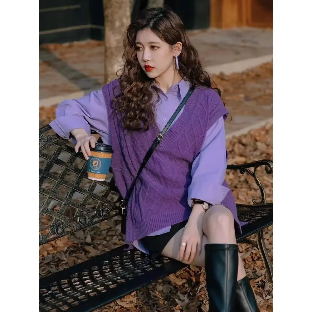 Gilet violet col en v dame chandails pull ample tricot gilets pour femmes sans manches Style coréen