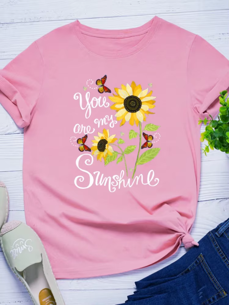 T-shirt manches courtes col rond femme, ample, You Are My Sunshine, imprimé tournesol