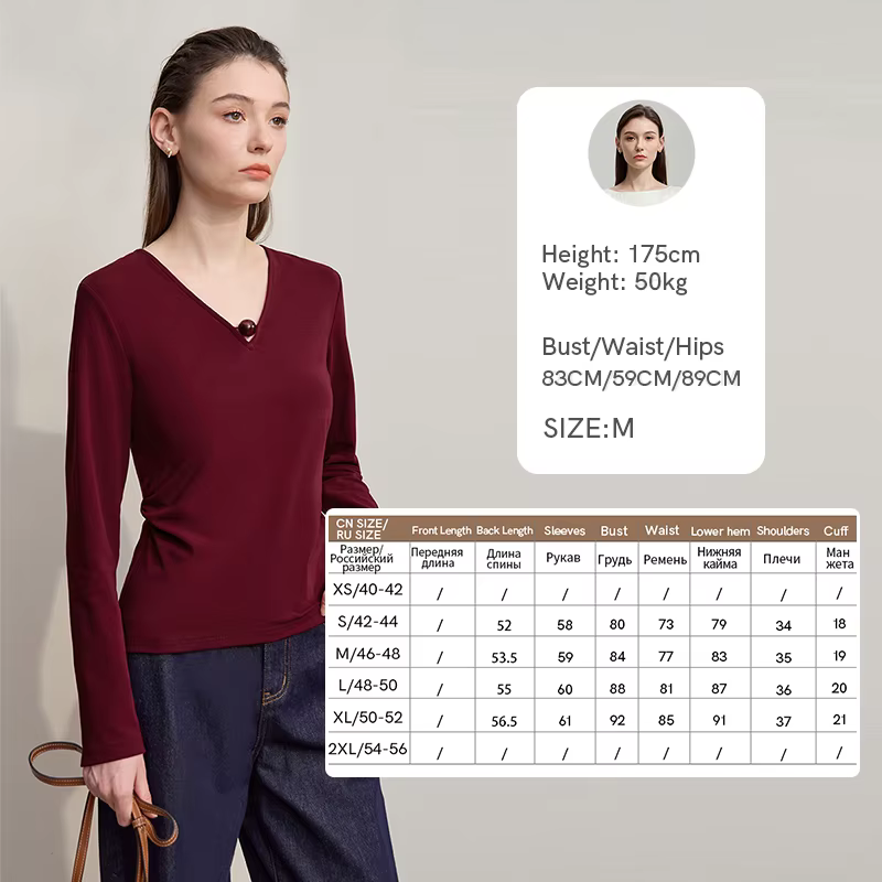 T-shirt Femme AMII 2025 Nouvelle Collection Automne Col V Moderne Vêtements Femme Âge Moyen Hauts en