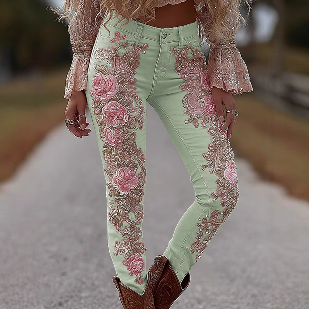 Pantalon en jean extensible pour femmes, imprimé floral 3D, coupe droite, décontracté