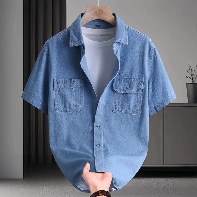 Chemise en jean à manches courtes pour homme avec poches plaquées - Chemise décontractée en mélange 