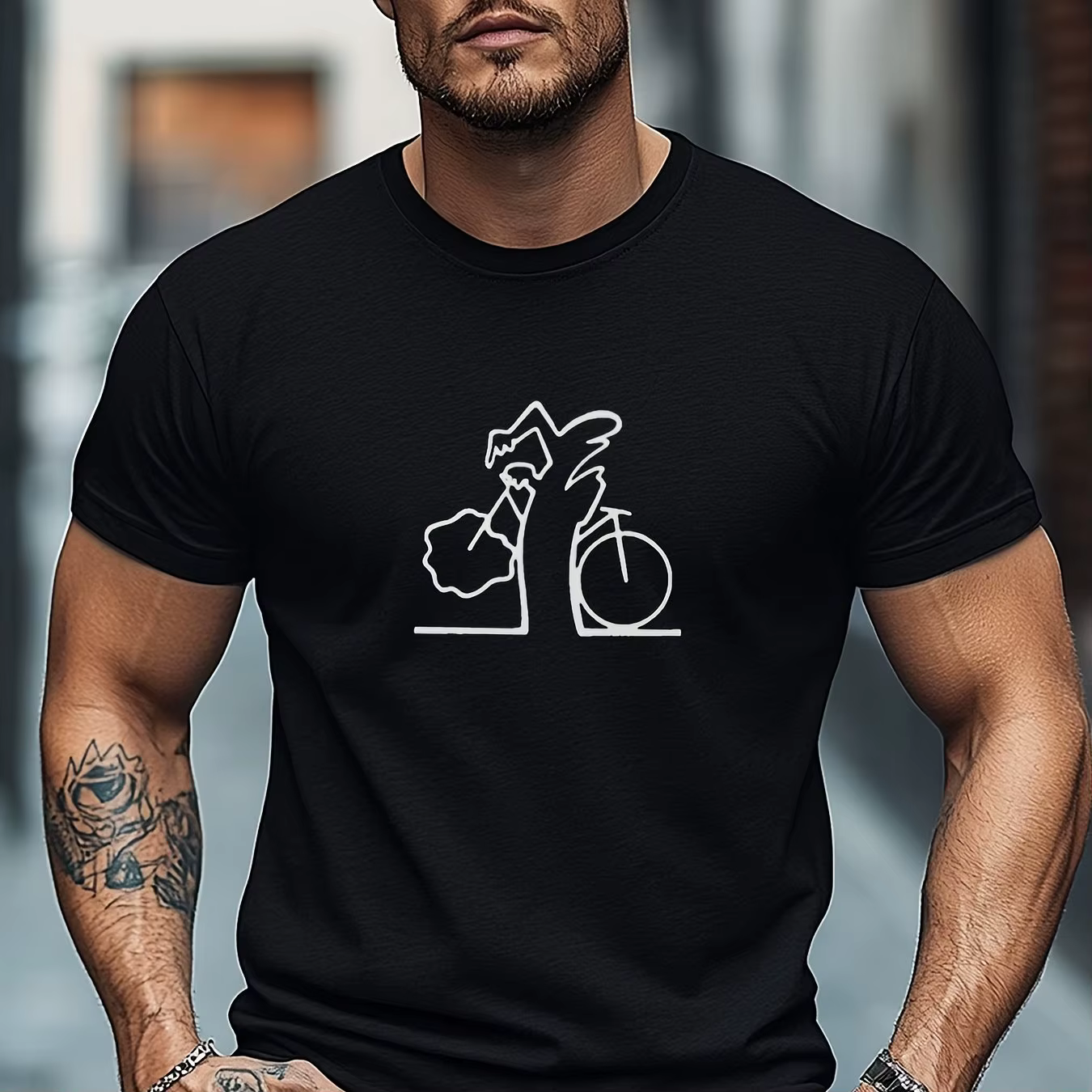 T-shirt décontracté à manches courtes pour hommes, avec imprimé graphique de cycliste, noir et blanc