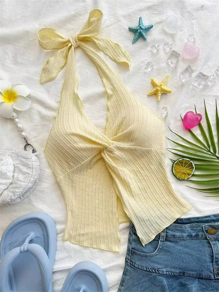 Haut jaune à col en v pour femmes, vêtements d'été Y2K, Sexy, sans manches, dos nu, haut court, Stre