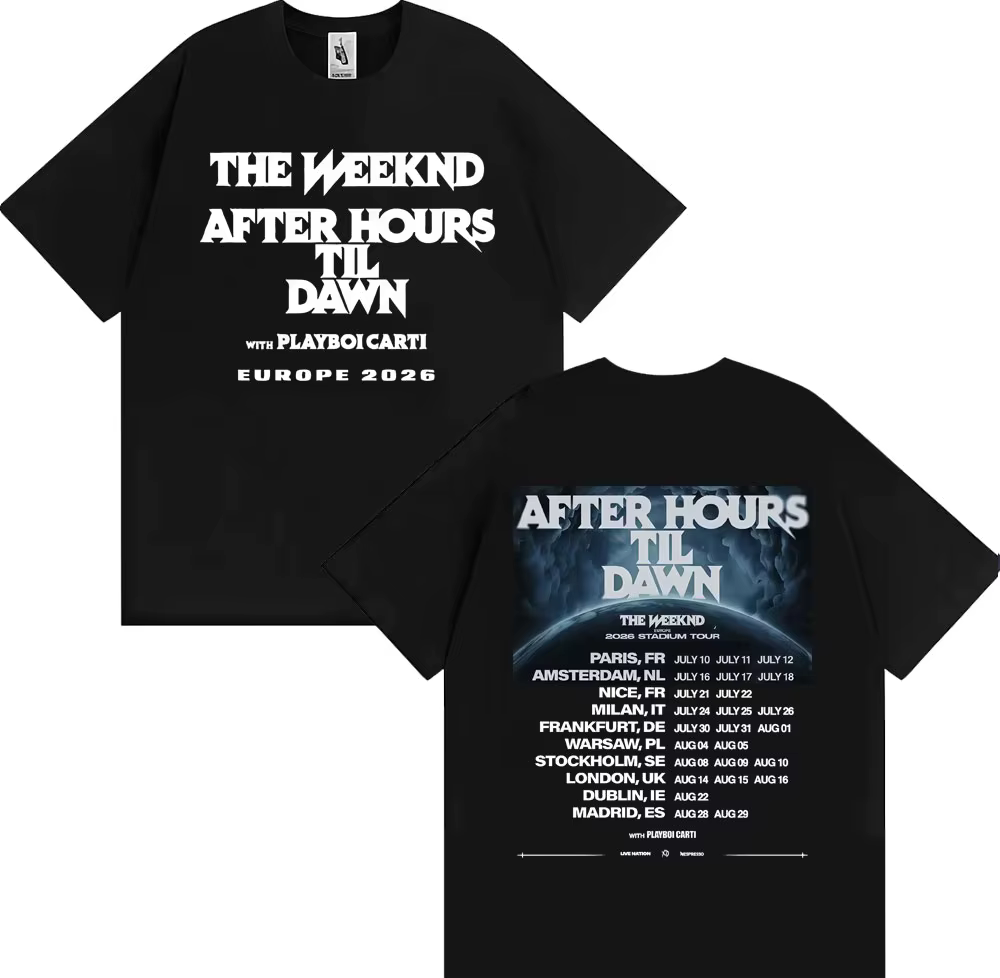 T-shirt unisexe The Weeknd After Hours Til Dawn Europe 2026 Stadium Tour, mode Hip Hop, ample et con