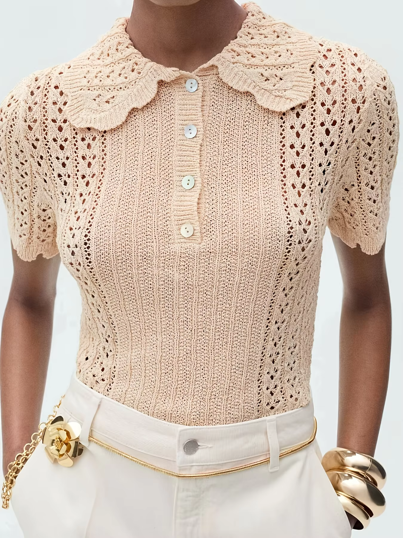 Pull-over slim fit à manches courtes pour femme, col polo et col Peter Pan, nouveau haut printemps/é
