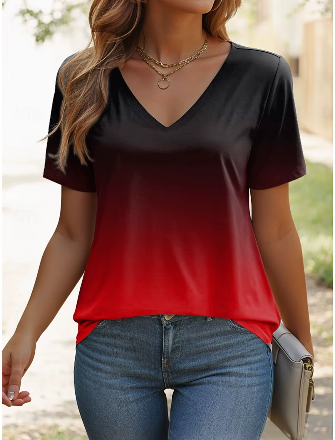 T-shirt pour femme dégradé imprimé, col en V, manches courtes, style décontracté et élégant, pour l'