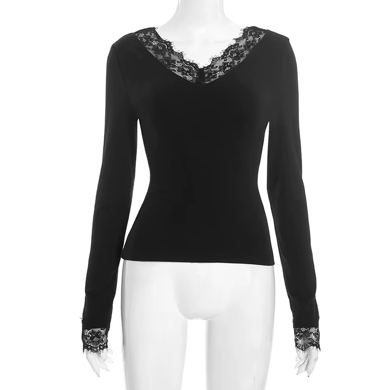 Sexy dentelle garniture à manches longues T-shirt solide col en V coupe ajustée haut court mode épis