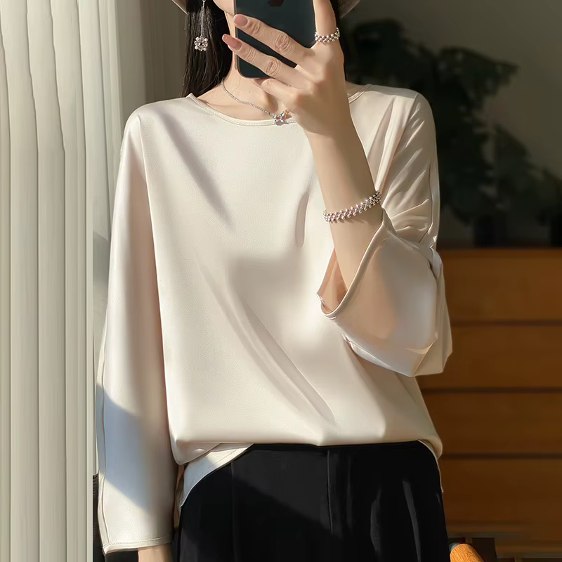 T-shirt à manches trois-quarts pour femmes, chemisier en satin monochrome décontracté, col rond, t-s