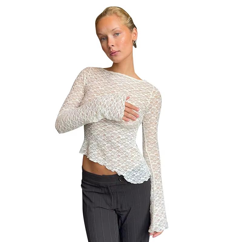 2025 printemps et été femmes nouveau couleur unie dentelle ourlet incliné Sexy à manches longues T-S