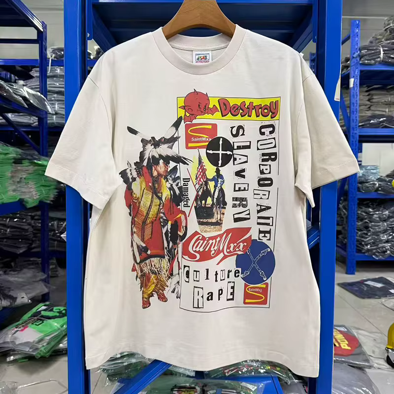 T-shirt Homme Oversize en Coton Blanc Ciment de Qualité Supérieure, Motif Lettres Colorées LOGO Impr