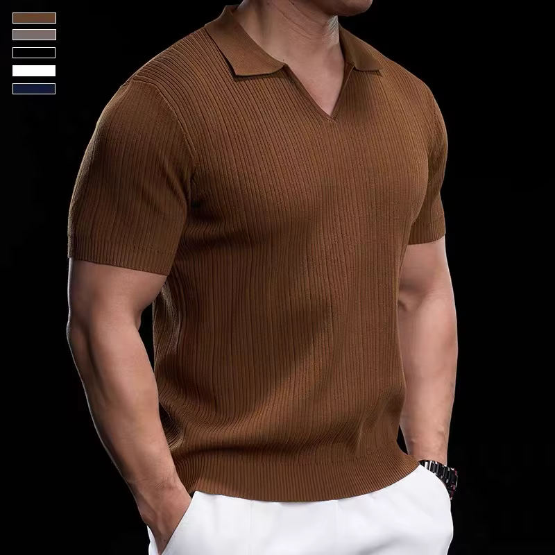 Polo en tricot côtelé pour homme, col en V, manches courtes, coupe ajustée, couleur unie, haut d'été