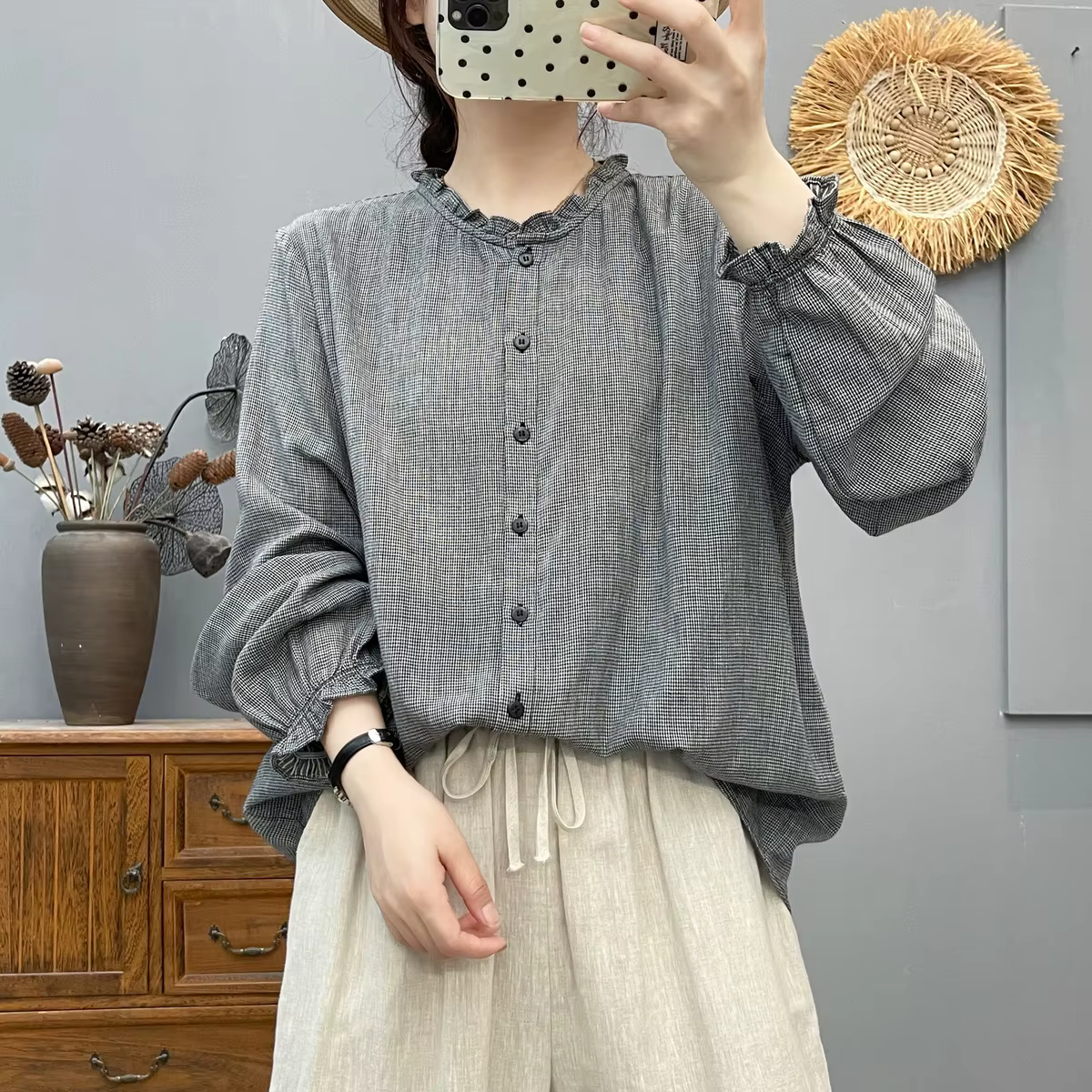 Chemise en coton à manches longues et col en dentelle élégante pour femme, coupe ajustée décontracté