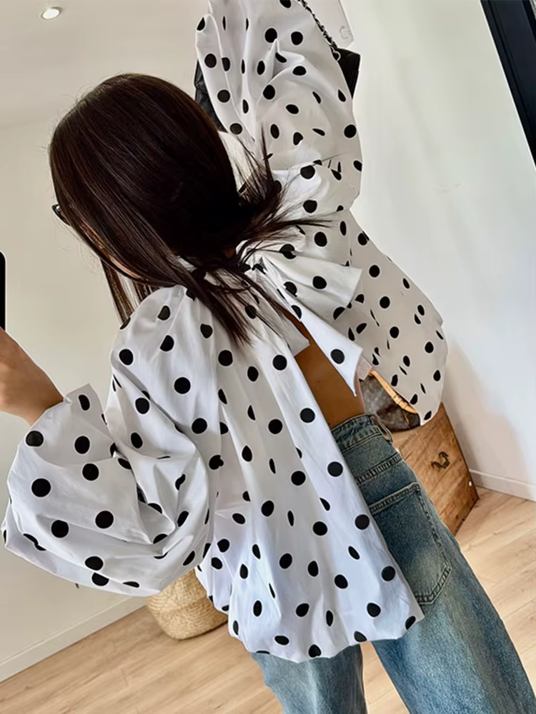 Hauts pour femmes à pois, dos nu, manches longues lanternes, coupe oversize, col rond, style charman